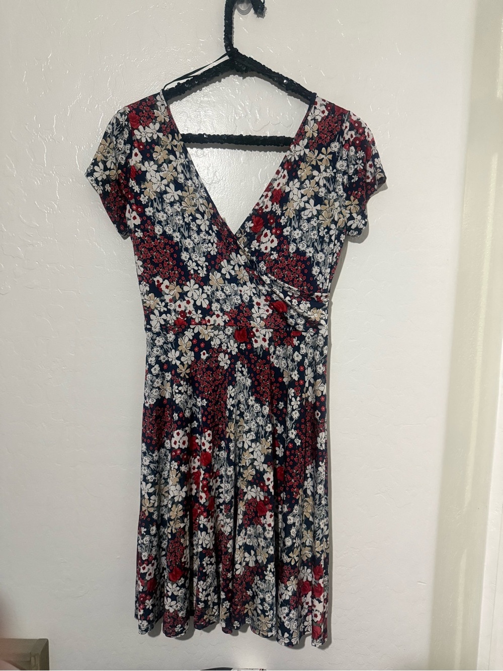 Kaileigh Navy Floral Wrap-Style Fit & Flare Dress with Red Accents